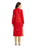 Red Gold Printed Pleated Cotton Kurta