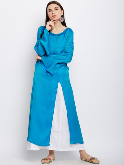 Solid Blue Silk Kurta with Front slit