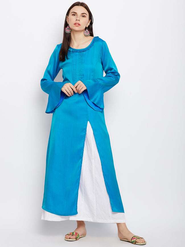 Solid Blue Silk Kurta with Front slit