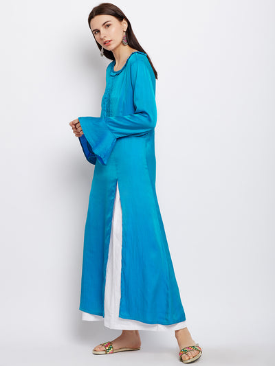 Solid Blue Silk Kurta with Front slit