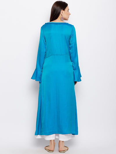 Solid Blue Silk Kurta with Front slit