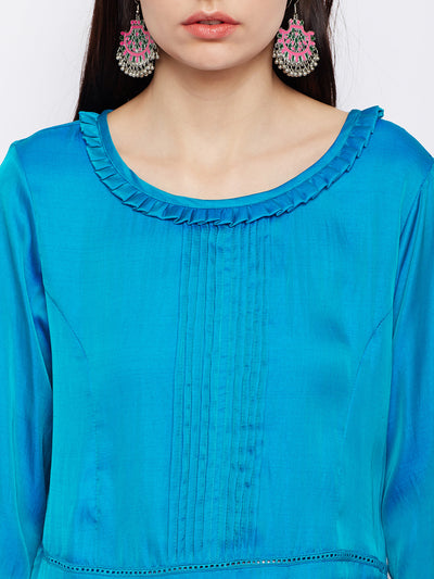Solid Blue Silk Kurta with Front slit