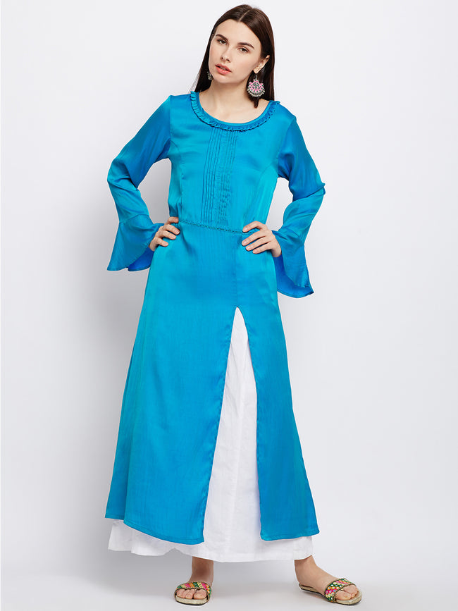 Solid Blue Silk Kurta with Front slit