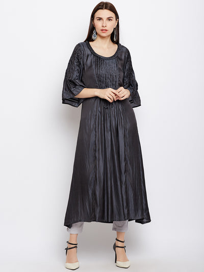 Solid Grey Silk Kurta with Pintucks