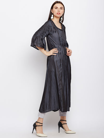 Solid Grey Silk Kurta with Pintucks
