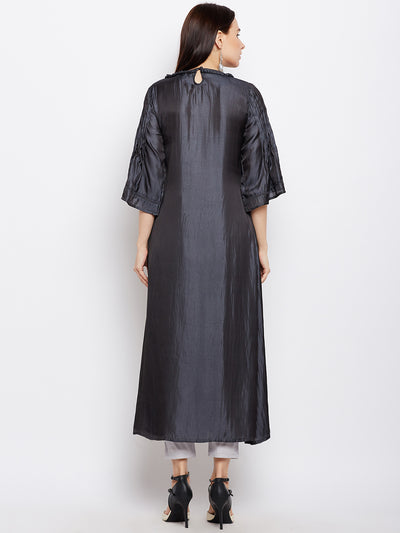 Solid Grey Silk Kurta with Pintucks