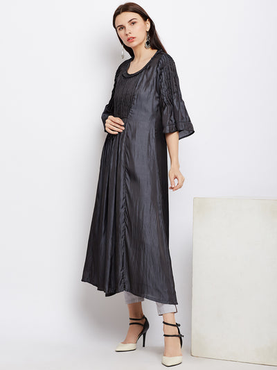 Solid Grey Silk Kurta with Pintucks