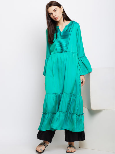 Solid geen sillk flared kurta