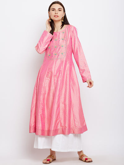 Pink Silk Kurta with Machine Embroidery