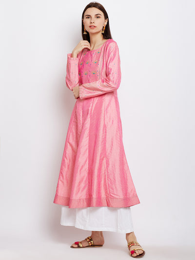 Pink Silk Kurta with Machine Embroidery