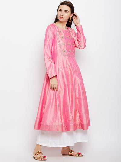 Pink Silk Kurta with Machine Embroidery