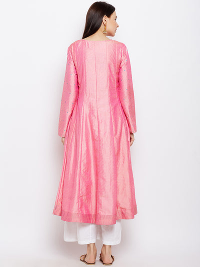 Pink Silk Kurta with Machine Embroidery