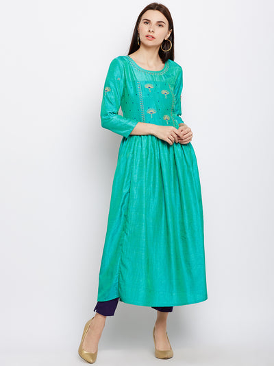 Green Silk Kurta with Machine Embroidery