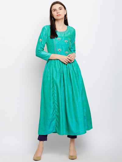 Green Silk Kurta with Machine Embroidery