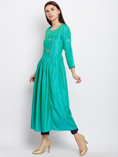 Green Silk Kurta with Machine Embroidery