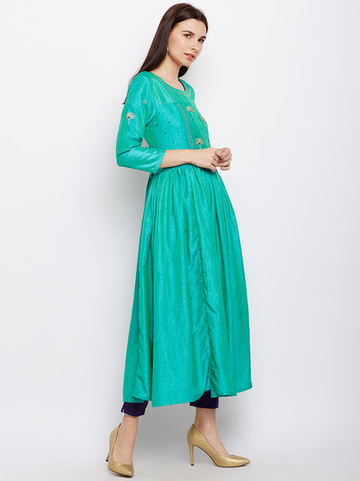 Green Silk Kurta with Machine Embroidery