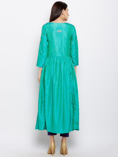 Green Silk Kurta with Machine Embroidery