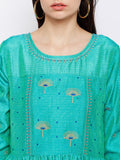 Green Silk Kurta with Machine Embroidery