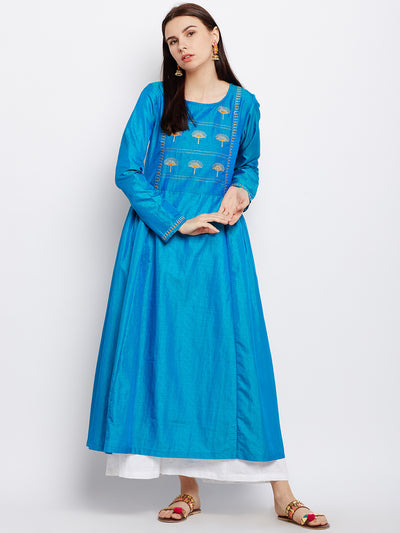 Blue Silk Kurta with Machine Embroidery
