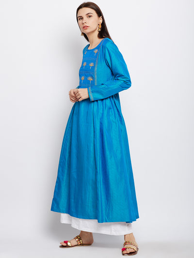 Blue Silk Kurta with Machine Embroidery
