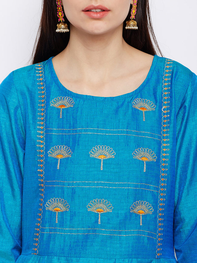 Blue Silk Kurta with Machine Embroidery