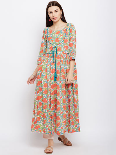 Orange block printed anarkali kurta with green piping