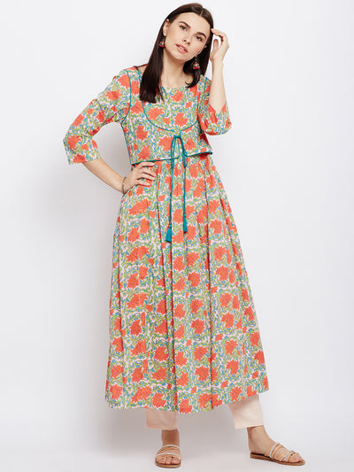 Orange block printed anarkali kurta with green piping