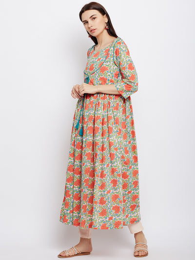 Orange block printed anarkali kurta with green piping
