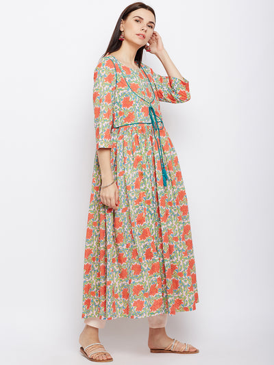 Orange block printed anarkali kurta with green piping