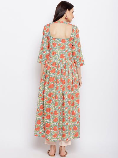 Orange block printed anarkali kurta with green piping