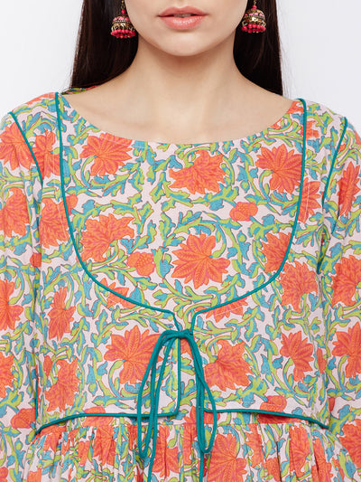 Orange block printed anarkali kurta with green piping