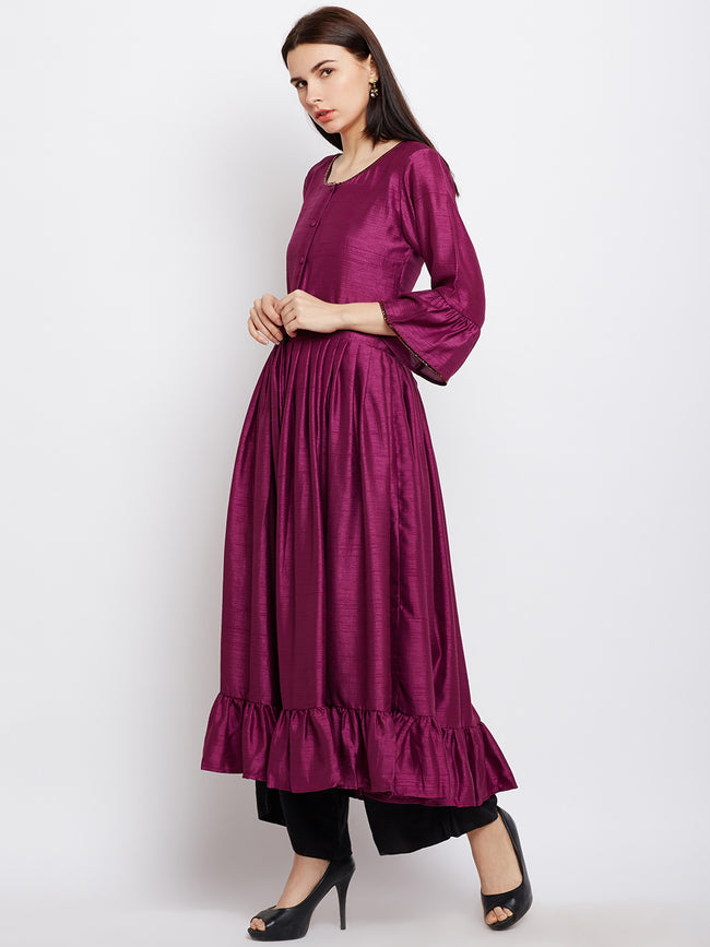 Wine Flared Kurta with Front Opening