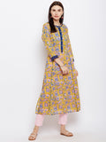 Yellow block printed straight kurta