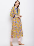 Yellow block printed straight kurta