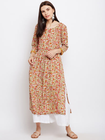 Beige straight kurta with yoke