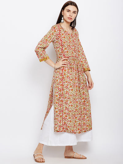 Beige straight kurta with yoke