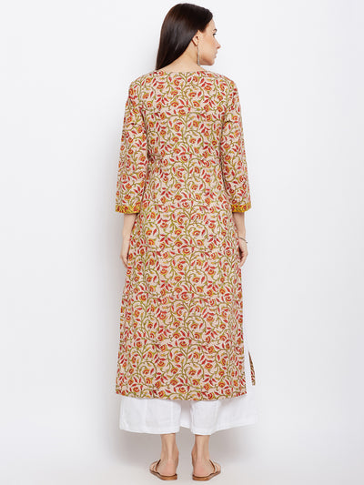 Beige straight kurta with yoke