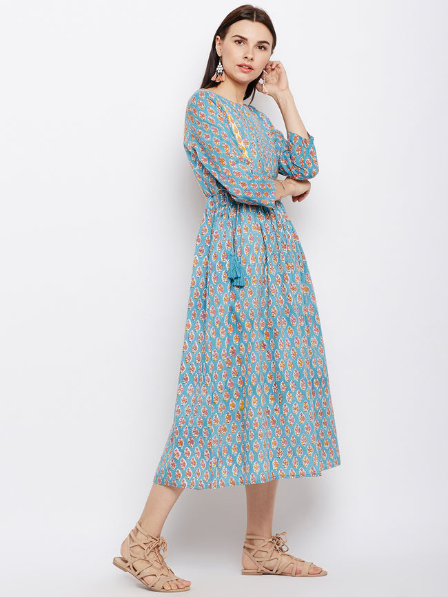 Blue block printed flared kurta dress with side ties