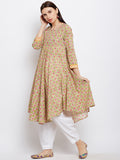 Green block printed short kurta with assymetric hem