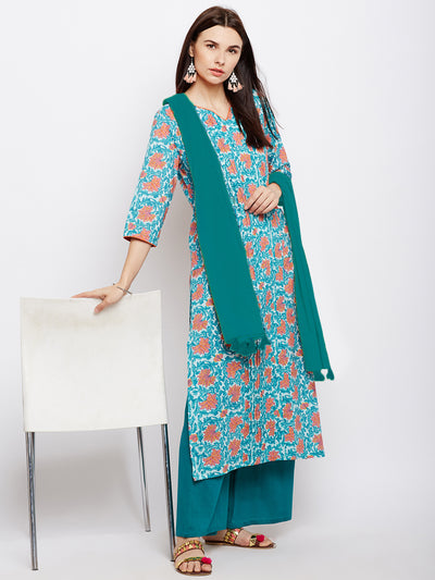 Blue block printed cotton suit set