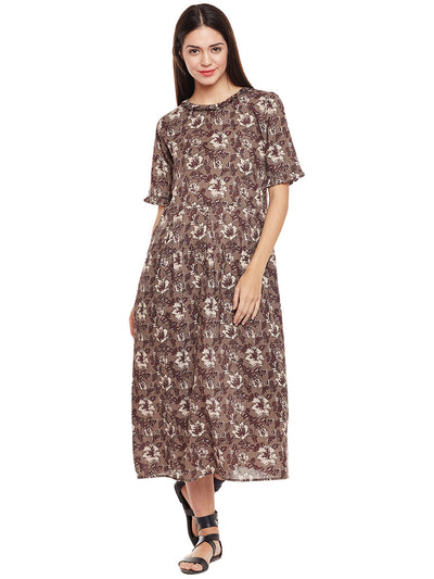 grey block printed kantha frilled dress