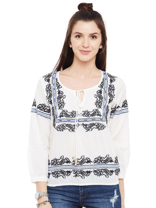 Offwhite-embroidered-full-sleeve-top-with-front-tassel