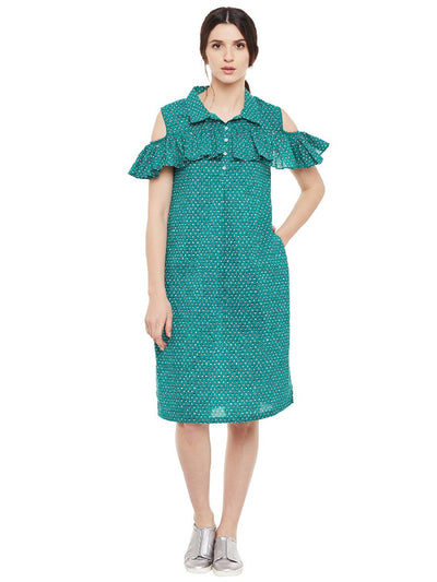 Block printed shirt dress with frill
