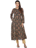Hand Block Printed Kalamkari Print Kurta with Round Yoke & Full Sleeves