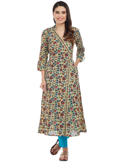 Offwhite Red Hand Block Kalamkari Printed Overlap Kurta