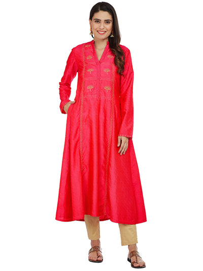 Fuchsia Silk Kurta with Machine Embroidery