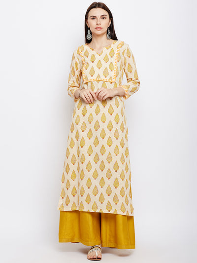 Cream and Yellow Hand Block Printed Straight Kurta with Yoke