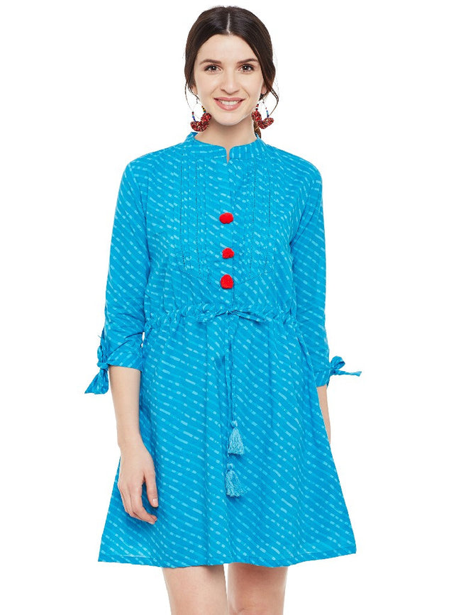 Sky blue leheriya printed short dress