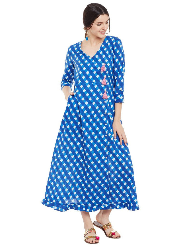 Blue block printed overlap dress with pink tassels