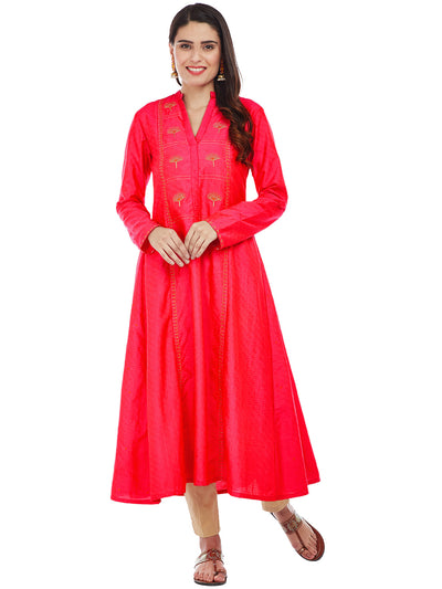Fuchsia Silk Kurta with Machine Embroidery